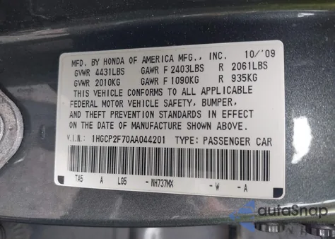 2010 Honda Accord 2.4 Ex from USA, damaged, VIN 1HGCP2F70AA044201